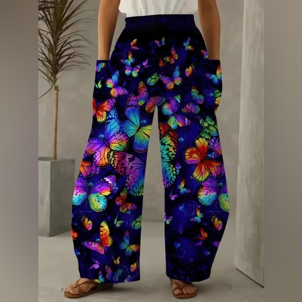 NWOT Dark Blue and Purple Butterfly Colorful Patterned Wide Leg Pants Size 1X